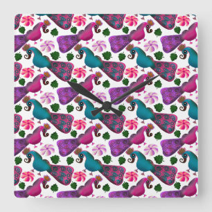 Horloge Carrée Motif floral d'oiseau mignon Oiseaux colorés