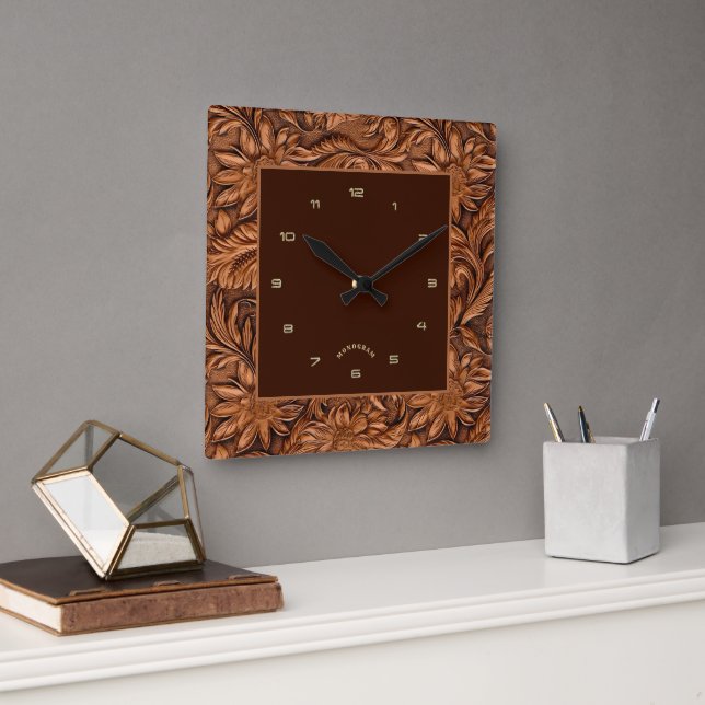 Horloge Carrée motif floral en cuir Brown 3-D (Bureau)