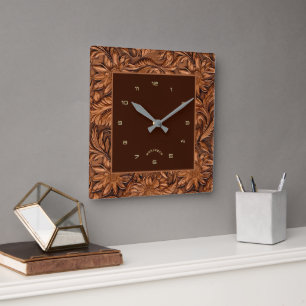 Horloge Carrée motif floral en cuir Brown 3-D