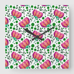 Horloge Carrée Motif floral orange rose vibrant 