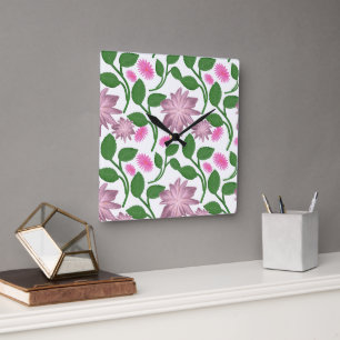 Horloge Carrée Motif floral rose avec feuilles vertes