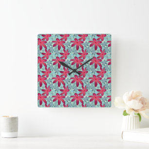 Horloge Carrée Motif floral rose et bleu sans couture
