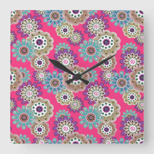 Horloge Carrée Motif floral rustique coloré rétro 