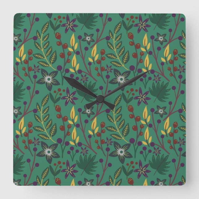 Horloge Carrée Motif floral sans couture fleurs fond vert (Recto)