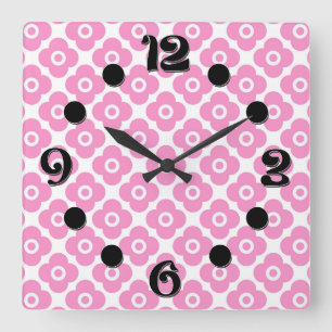 Horloge Carrée Motif floral simple rose et blanc