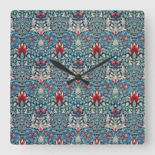Horloge Carrée Motif floral sur fond bleu de feuilles vertes