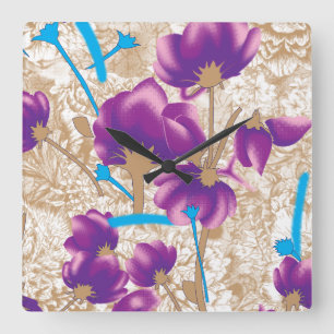 Horloge Carrée Motif floral vif avec violet et bleu f