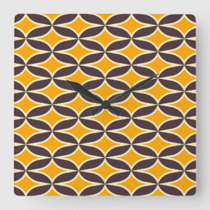Horloge Carrée Motif géométrique rétro feuille jaune et marron