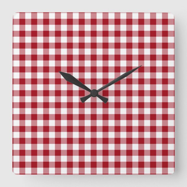 Horloge Carrée Motif Gingham Rouge Moderne (Recto)