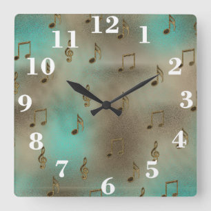 Horloge Carrée Motif Gold et Turquoise de notes musicales Abstrai