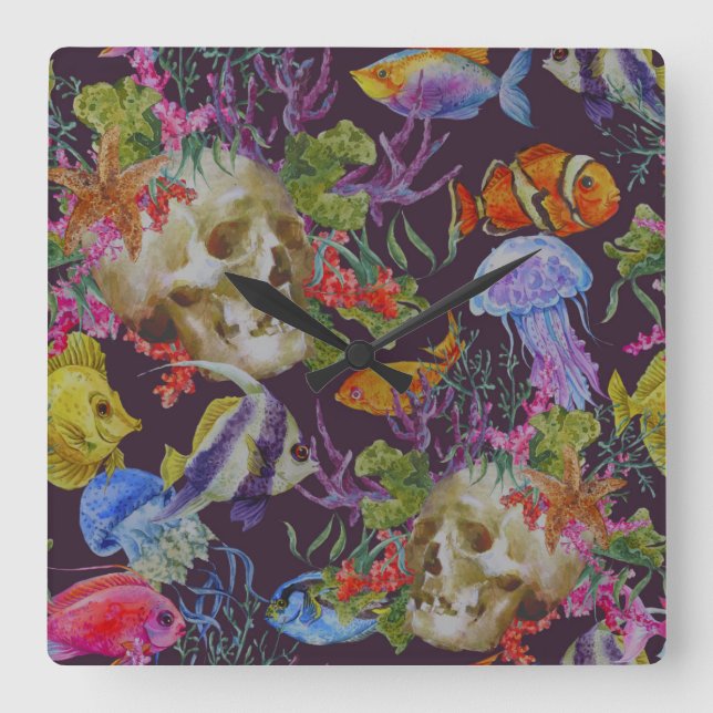 Horloge Carrée Motif grunge de vie marine (Recto)