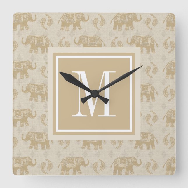 Horloge Carrée Motif kaki de caravane d'éléphant du monogramme | (Recto)