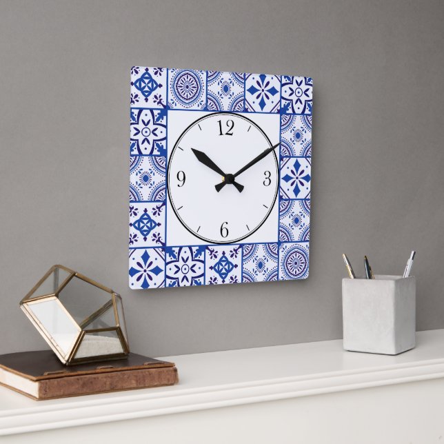 Horloge Carrée Motif marocain en bleu, blanc & noir (Bureau)