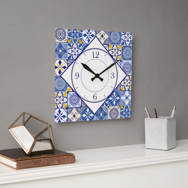 Horloge Carrée Motif marocain en bleu crème jaune Turquoise blanc (Bureau)