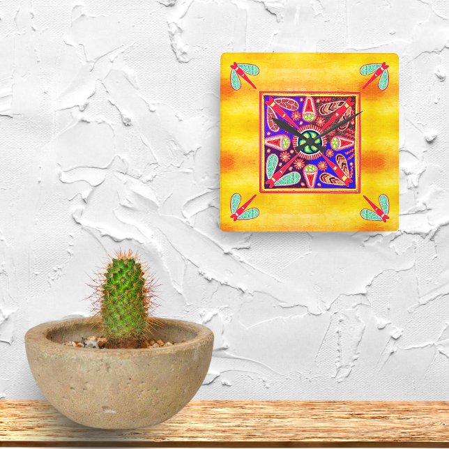 Horloge Carrée Motif mexicain Huichol Golden & Purple Art (Créateur téléchargé)