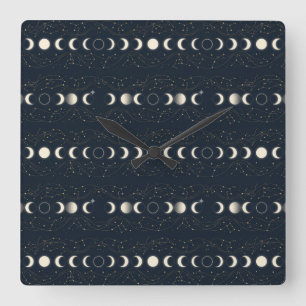 Horloge Carrée Motif minimaliste des phases lunaires avec des éto