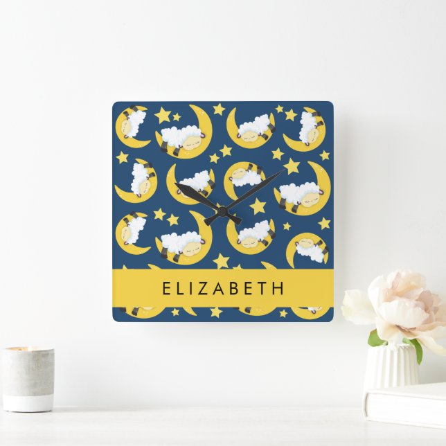 Horloge Carrée Motif mouton, Mouton dormant, Lune, Votre Nom (Maison)