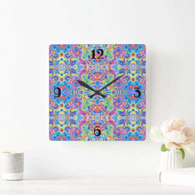 Horloge Carrée Motif Neon Blue, Lime, Purple & Orange Swirl (Maison)