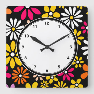 Horloge Carrée Motif noir blanc jaune et rose