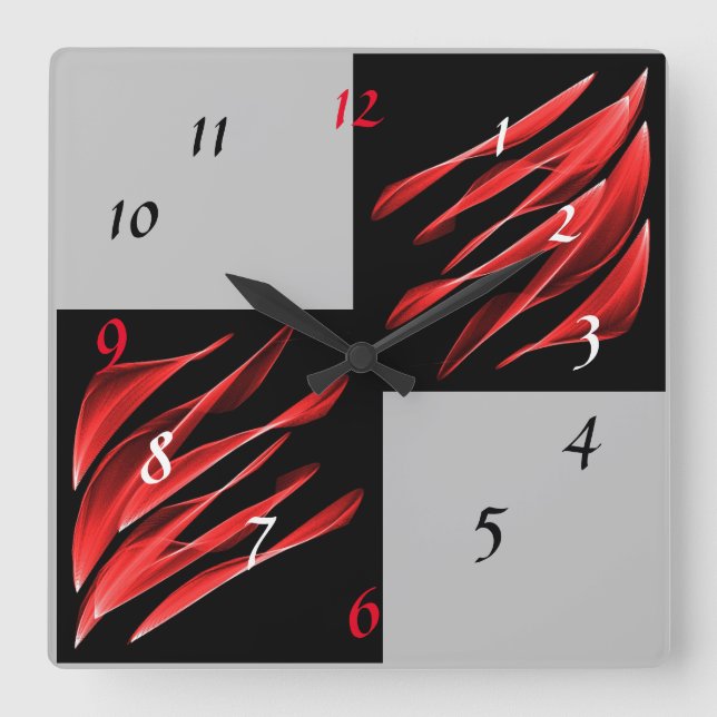 Horloge Carrée Motif noir en tons brosses rouges (Recto)