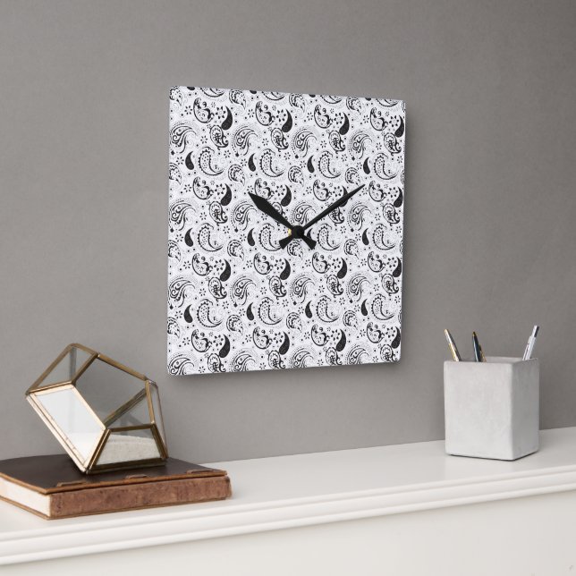Horloge Carrée Motif noir et blanc Paisley - Art textile élégant (Bureau)
