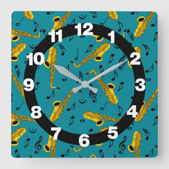Horloge Carrée Motif note musique saxophone (Recto)