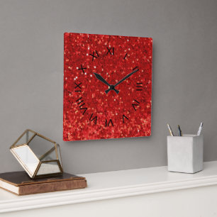 Horloge Carrée Motif pailleté rouge scintillant