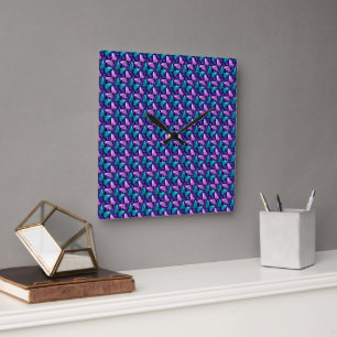 Horloge Carrée Motif papillon violet et sarcelle   Floral sans co