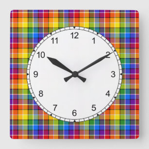 Horloge Carrée Motif plaid arc-en-ciel coloré