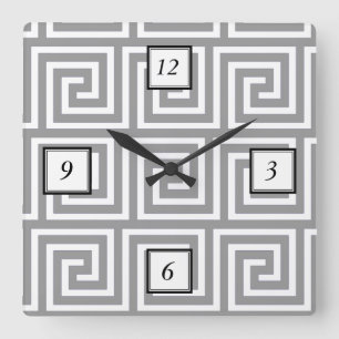 Horloge Carrée Motif principal grec gris et blanc classique