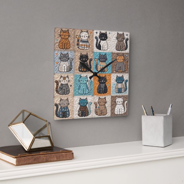 Horloge Carrée Motif Quilt Patchwork Chats (Bureau)