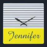Horloge Carrée Motif rayé moderne<br><div class="desc">Motif rayé blanc,  bleu et jaune moderne avec le nom fait sur commande</div>
