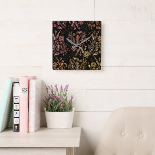 Horloge Carrée Motif rose Gold Botanical Doodle