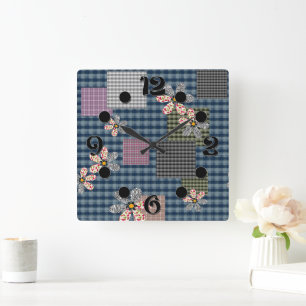 Horloge Carrée Motif rustique rétro multicolore en patchwork