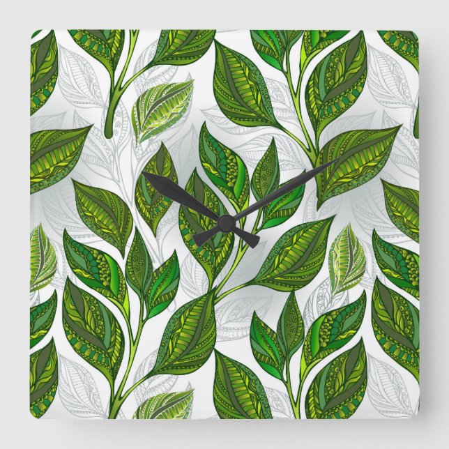 Horloge Carrée Motif sans couture avec Feuilles de thé vert (Recto)