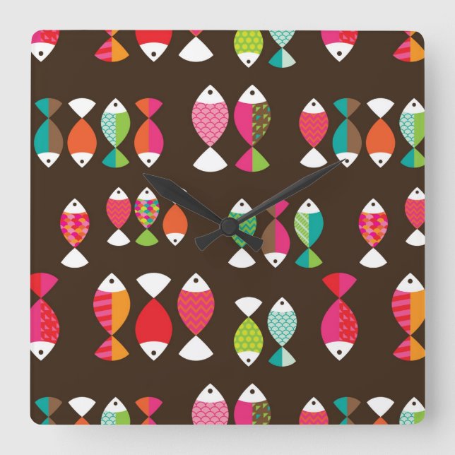 Horloge Carrée motif sous-marin de poisson rétro Abstrait 2 (Recto)
