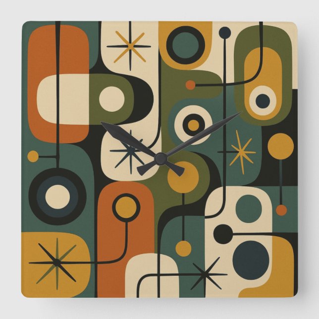Horloge Carrée Motif Starburst Mid Century Modern (Recto)