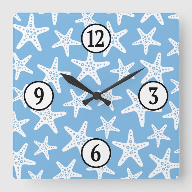 Horloge Carrée Motif Starfish Bleu (Recto)