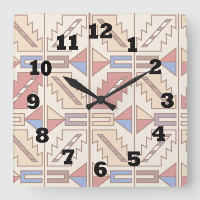 Horloge Carrée Motif sud-ouest en rouge Brown et BLue (Recto)