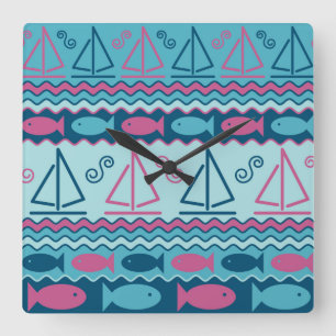 Horloge Carrée Motif superbe de poissons et de voilier