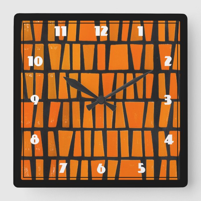 Horloge Carrée Motif tribal d'Afrique orange et noire (Recto)