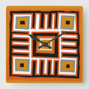 Horloge Carrée motif tribal géométrique d'Afrique Abstraite