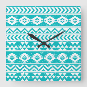 Horloge Carrée Motif tribal turquoise Grunge Aztec