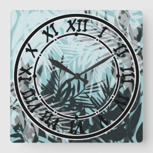Horloge Carrée Motif tropical bleu clair