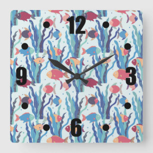 Horloge Carrée Motif tropical de poissons en rouge foncé bleu et
