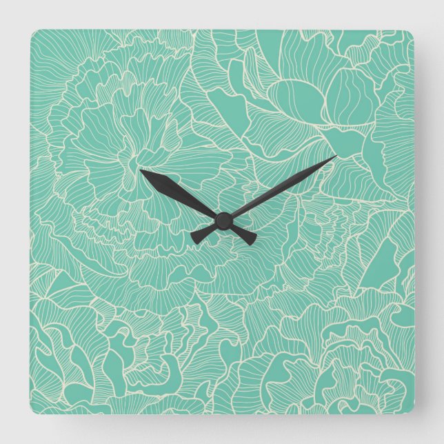 Horloge Carrée Motif Turquoise Peony (Recto)