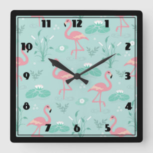 Horloge Carrée Motif vert Flamants roses rose Pastel