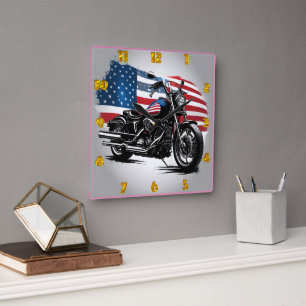 Horloge Carrée Moto avec arrière-plan drapeau américain