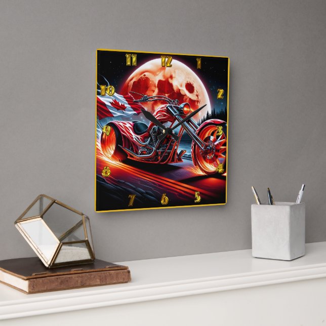 Horloge Carrée Moto avec drapeau canadien par lune (Bureau)