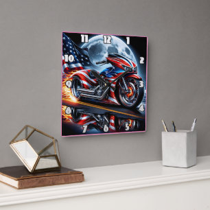 Horloge Carrée Motocyclette vibrante au drapeau